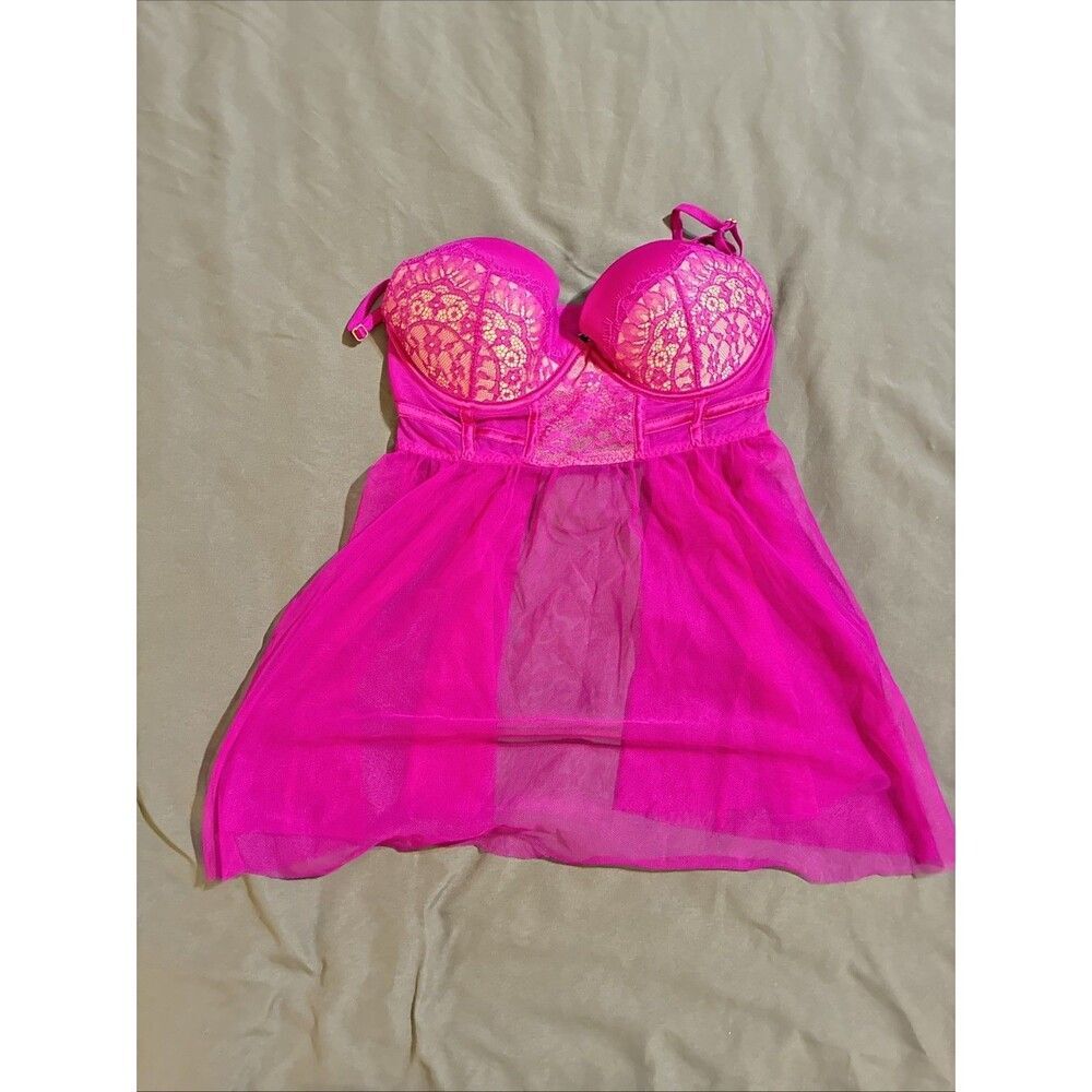 Victoria Secret 32D Sheer Lingerie Babydoll Purple Mesh Underwire Push Up Lace